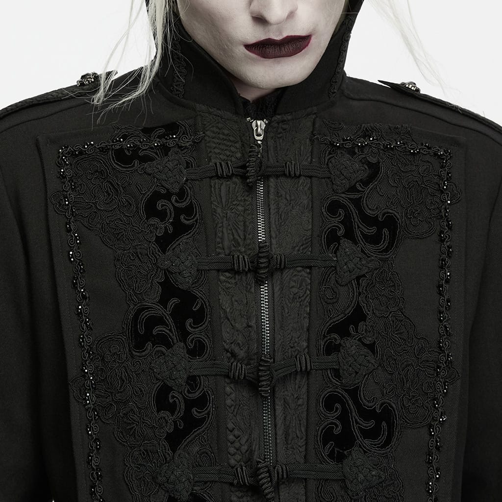 PUNK RAVE Men's Gothic Beaded Applique Stand Collar Long Jacket