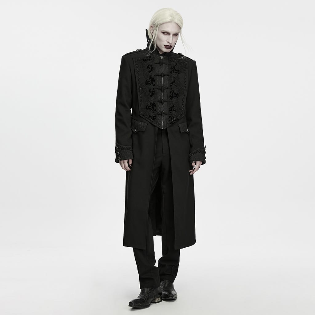 PUNK RAVE Men's Gothic Beaded Applique Stand Collar Long Jacket