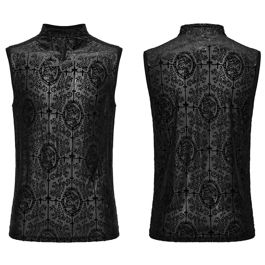 PUNK RAVE Men's Gothic Beaded Cross Flocking Tank Top