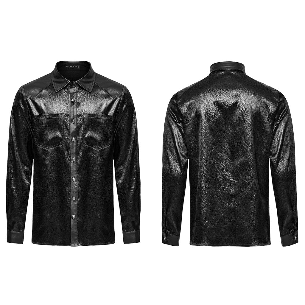 PUNK RAVE Men's Gothic Big-pocket Faux Leather Shirt