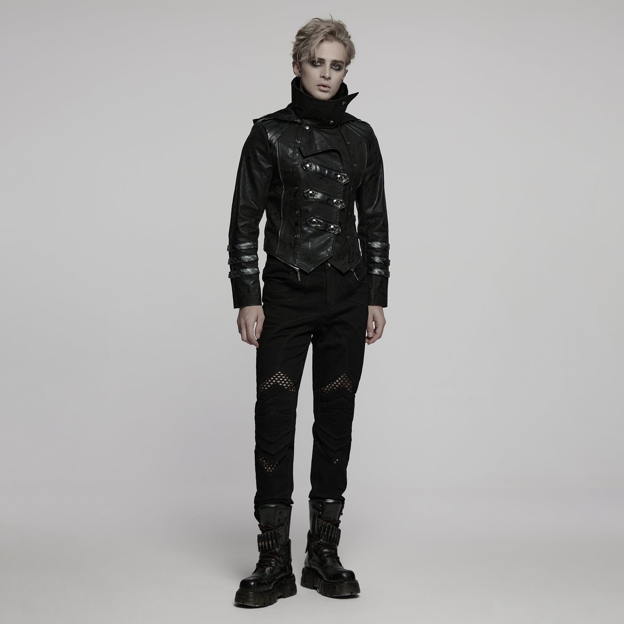 PUNK RAVE Men's Gothic Black Stretch Twill Fabric Chef Faux Leather Coat