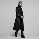 PUNK RAVE Men's Gothic Black Stretch Twill Fabric Chef Faux Leather Coat