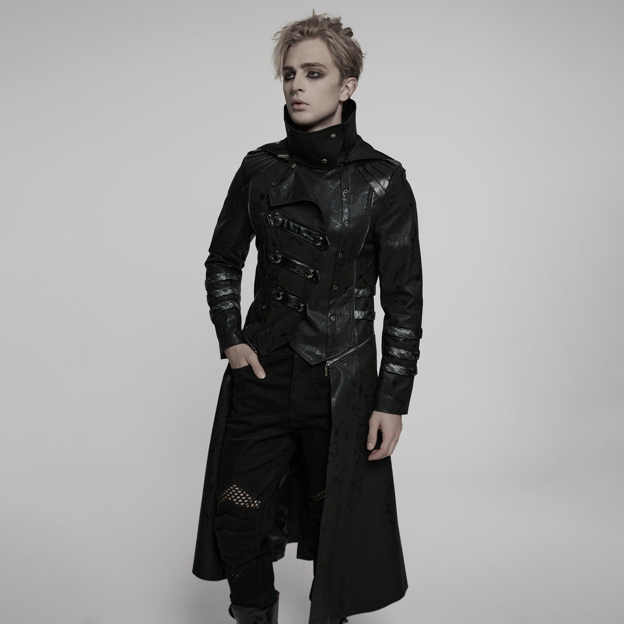 PUNK RAVE Men's Gothic Black Stretch Twill Fabric Chef Faux Leather Coat