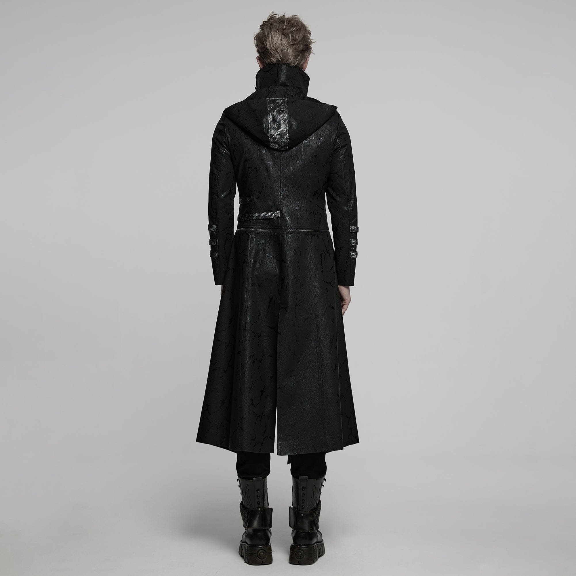 PUNK RAVE Men's Gothic Black Stretch Twill Fabric Chef Faux Leather Coat