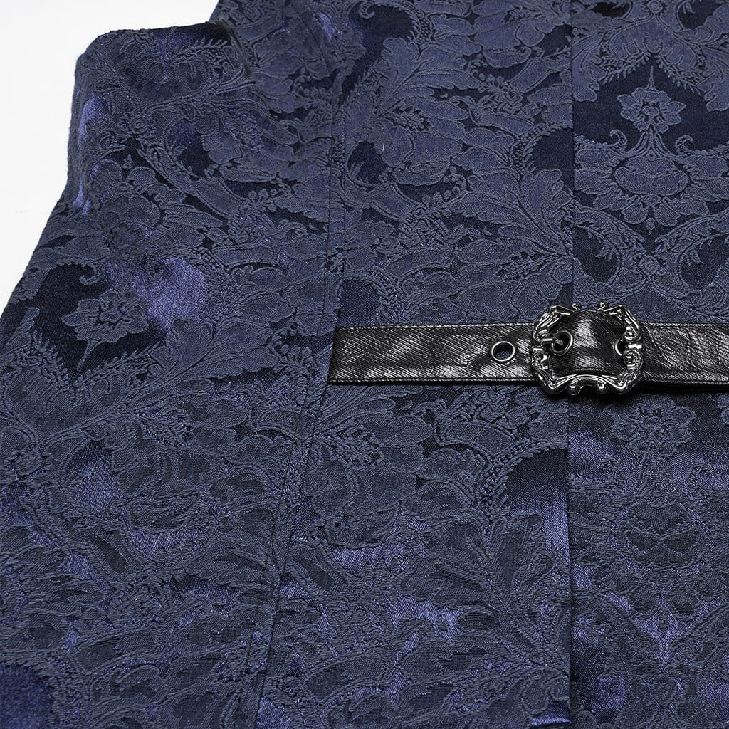 PUNK RAVE Men's Gothic Buckle Batlike Jacquard Vest Blue