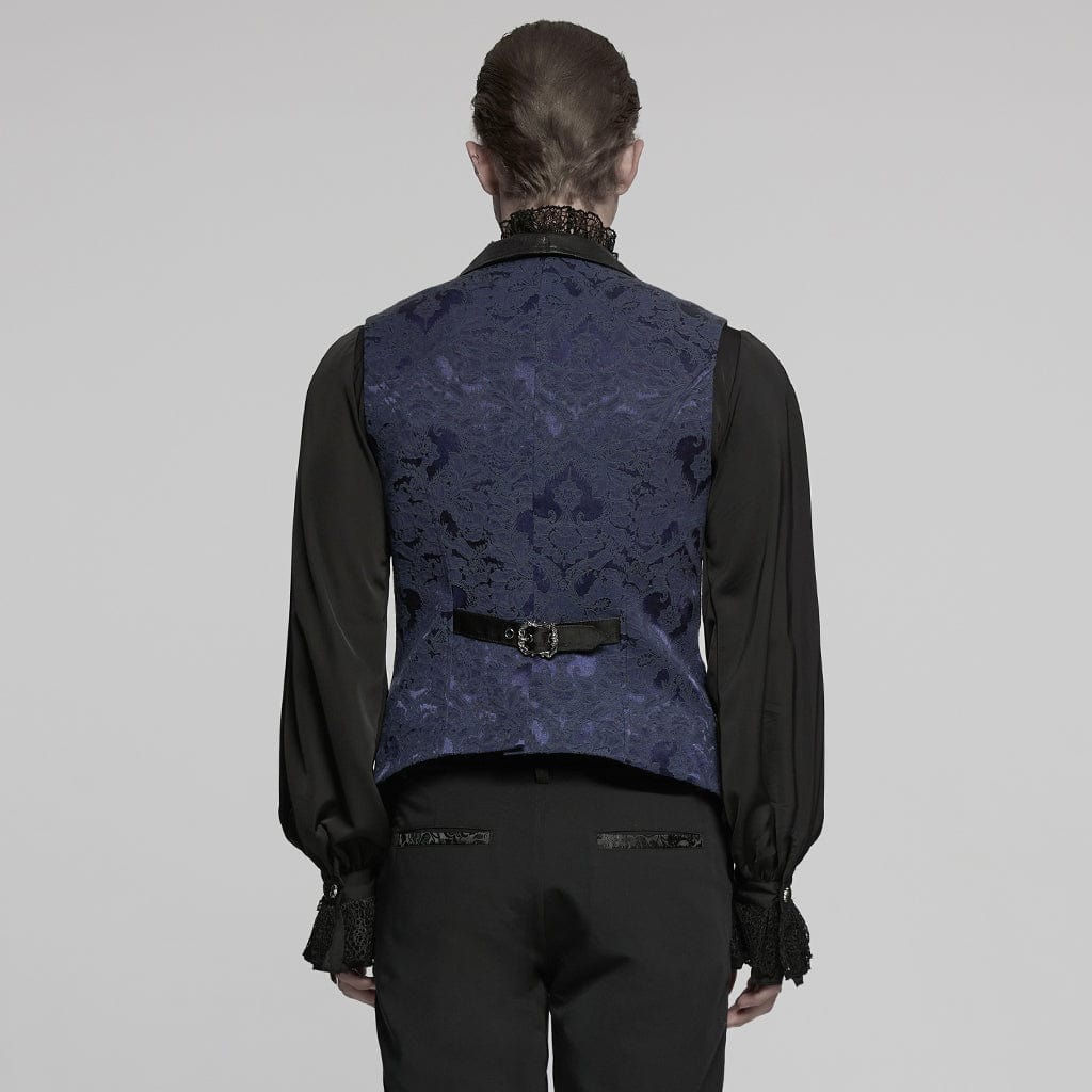 PUNK RAVE Men's Gothic Buckle Batlike Jacquard Vest Blue