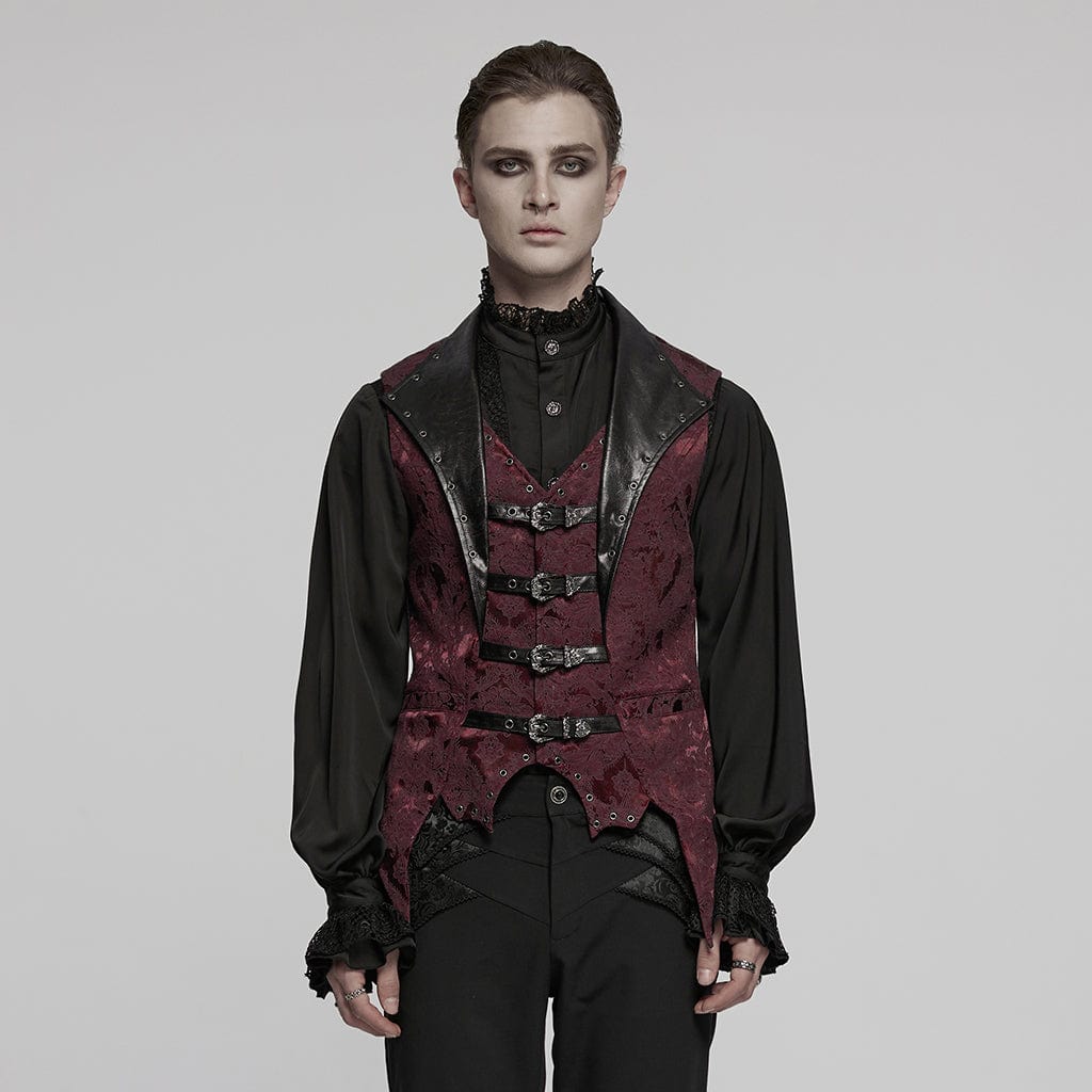 PUNK RAVE Men's Gothic Buckle Batlike Jacquard Vest Red
