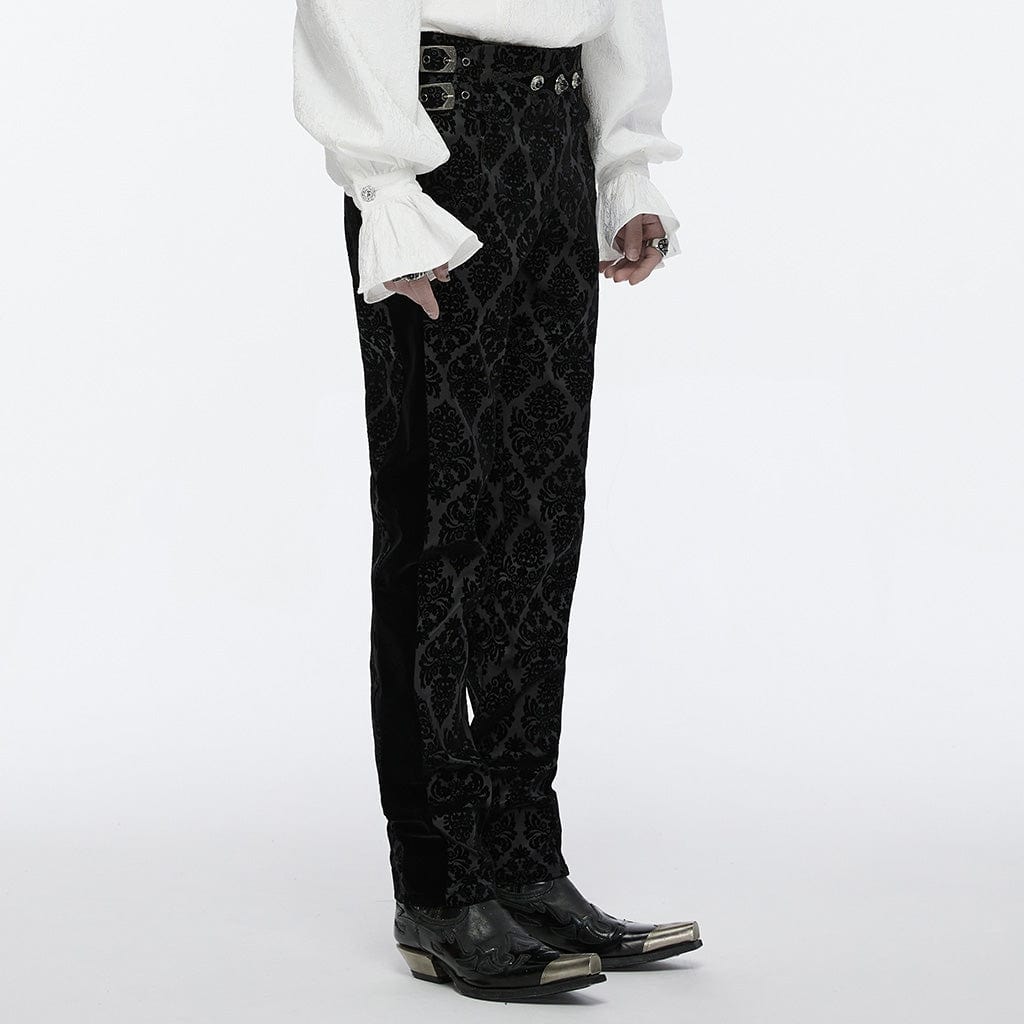 PUNK RAVE Men's Gothic Buckle-up Floral Velvet Trousers