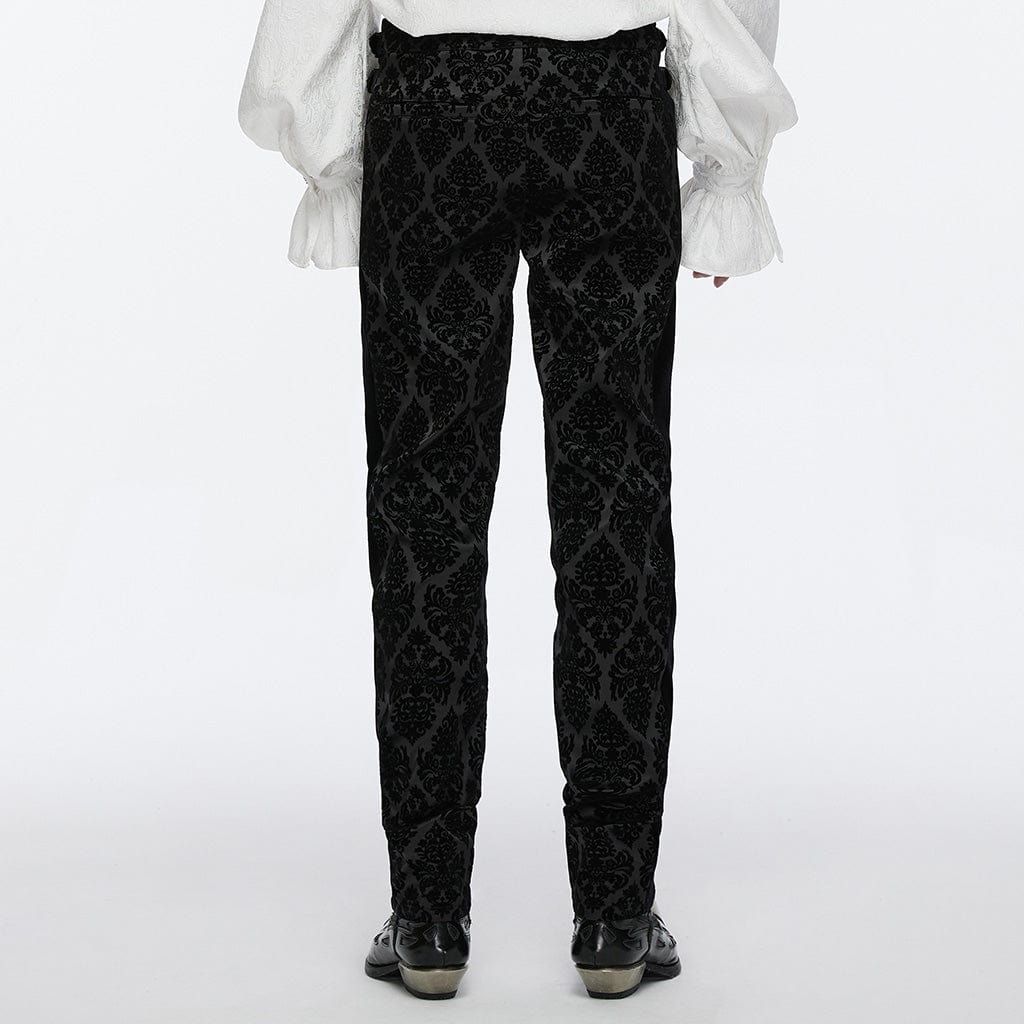 PUNK RAVE Men's Gothic Buckle-up Floral Velvet Trousers