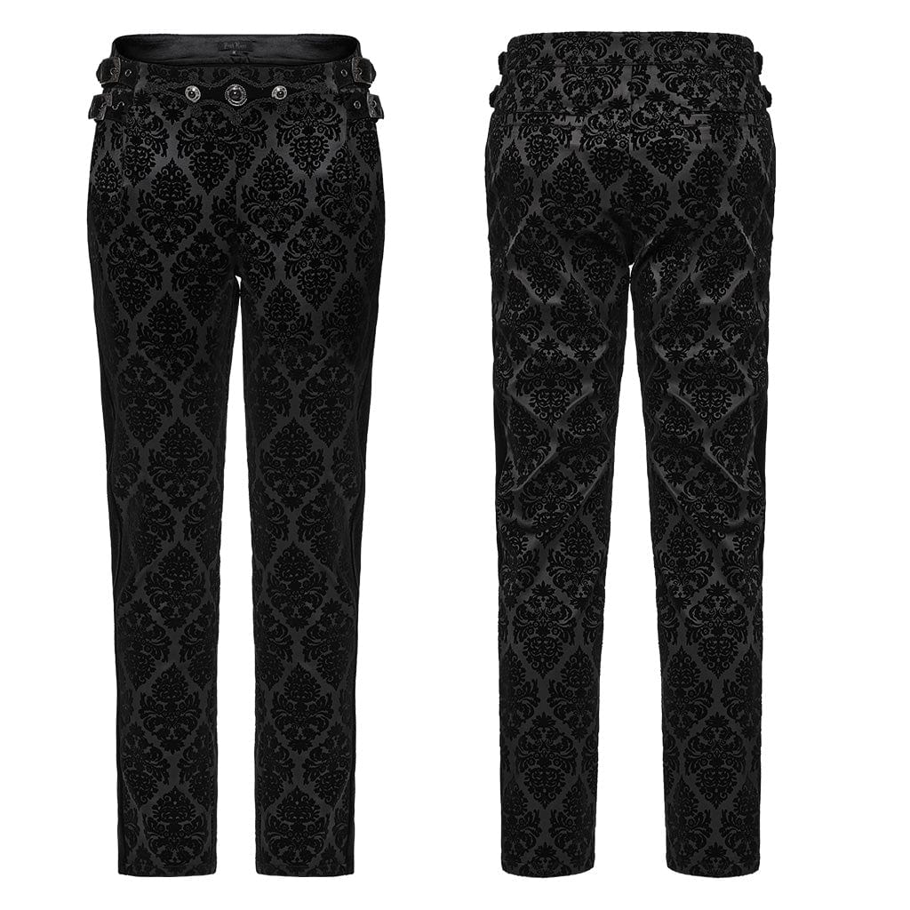 PUNK RAVE Men's Gothic Buckle-up Floral Velvet Trousers