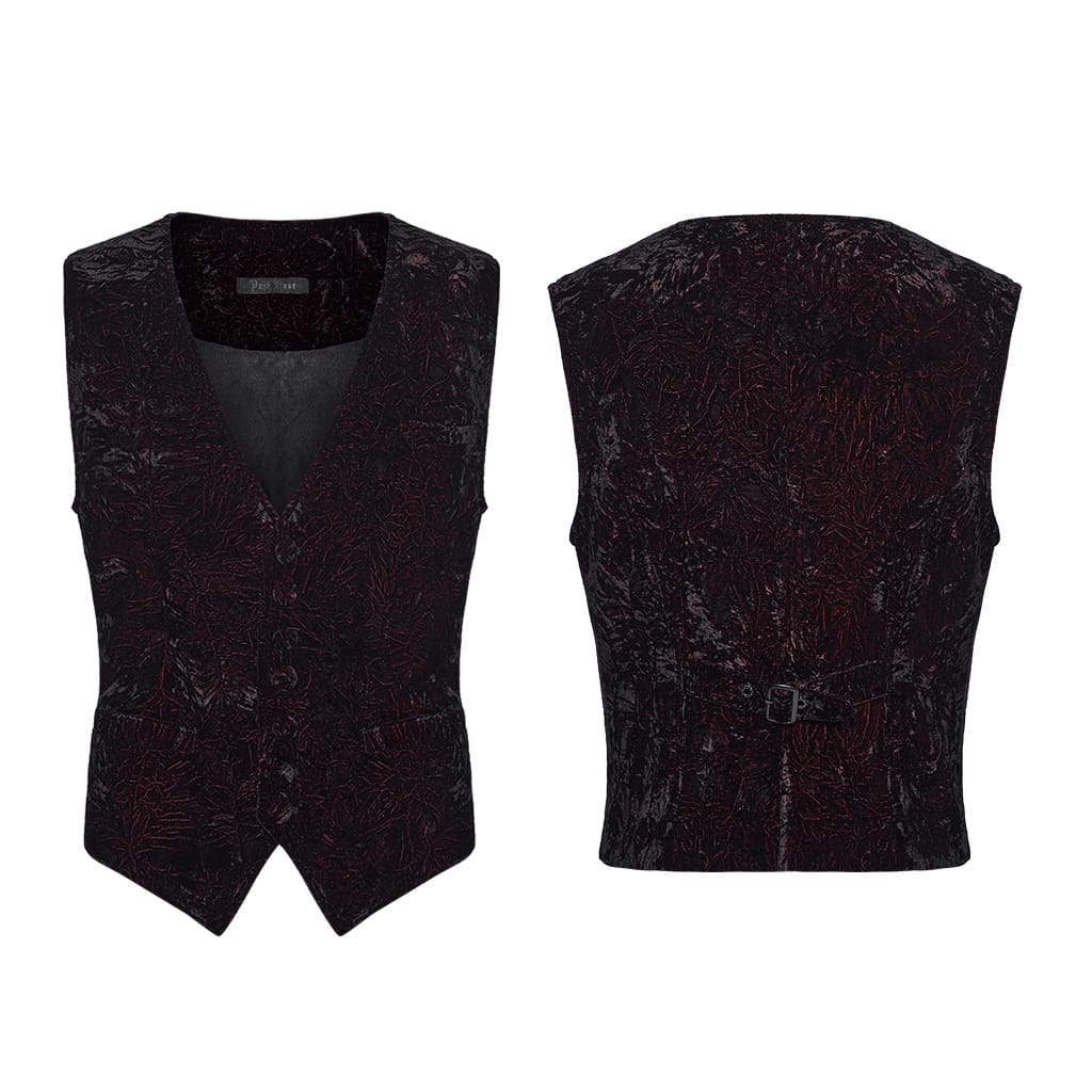 PUNK RAVE Men's Gothic Buckle-up Strap Retro Velvet Waistcoat Black-Red