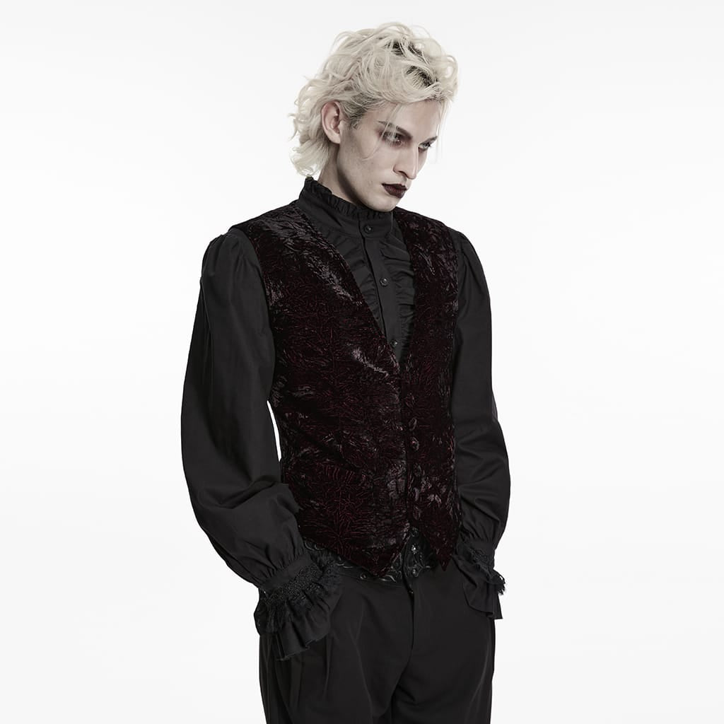 PUNK RAVE Men's Gothic Buckle-up Strap Retro Velvet Waistcoat Black-Red