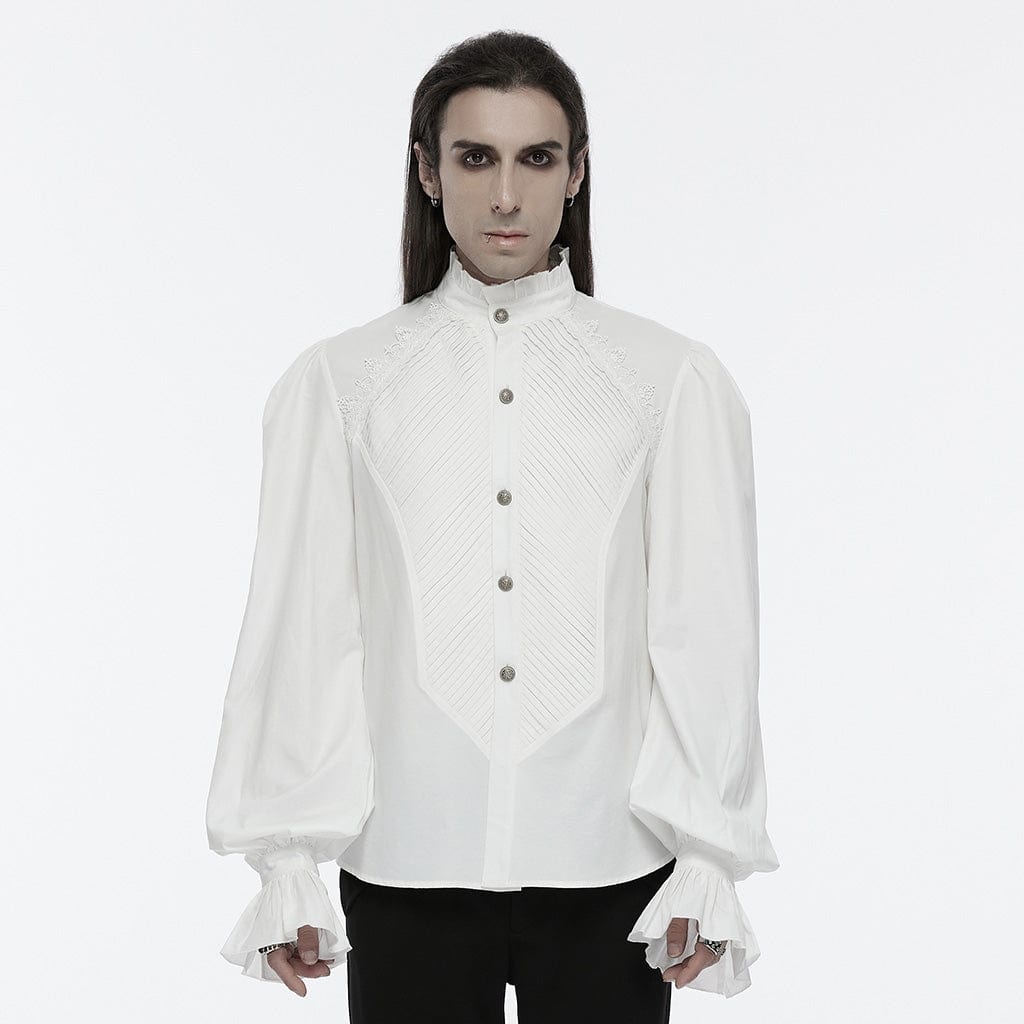 PUNK RAVE Men's Gothic Crochet Bubble-Sleeved Shirt White