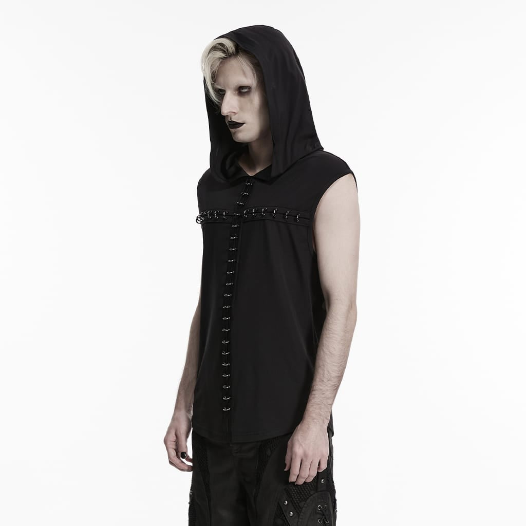 PUNK RAVE Men's Gothic D-rings Cross Hooded Tank Top