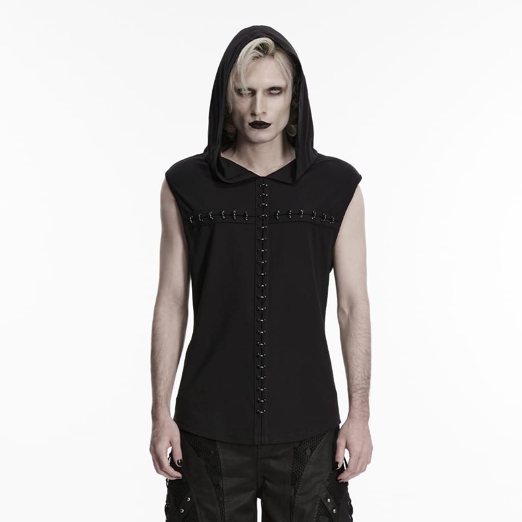 PUNK RAVE Men's Gothic D-rings Cross Hooded Tank Top