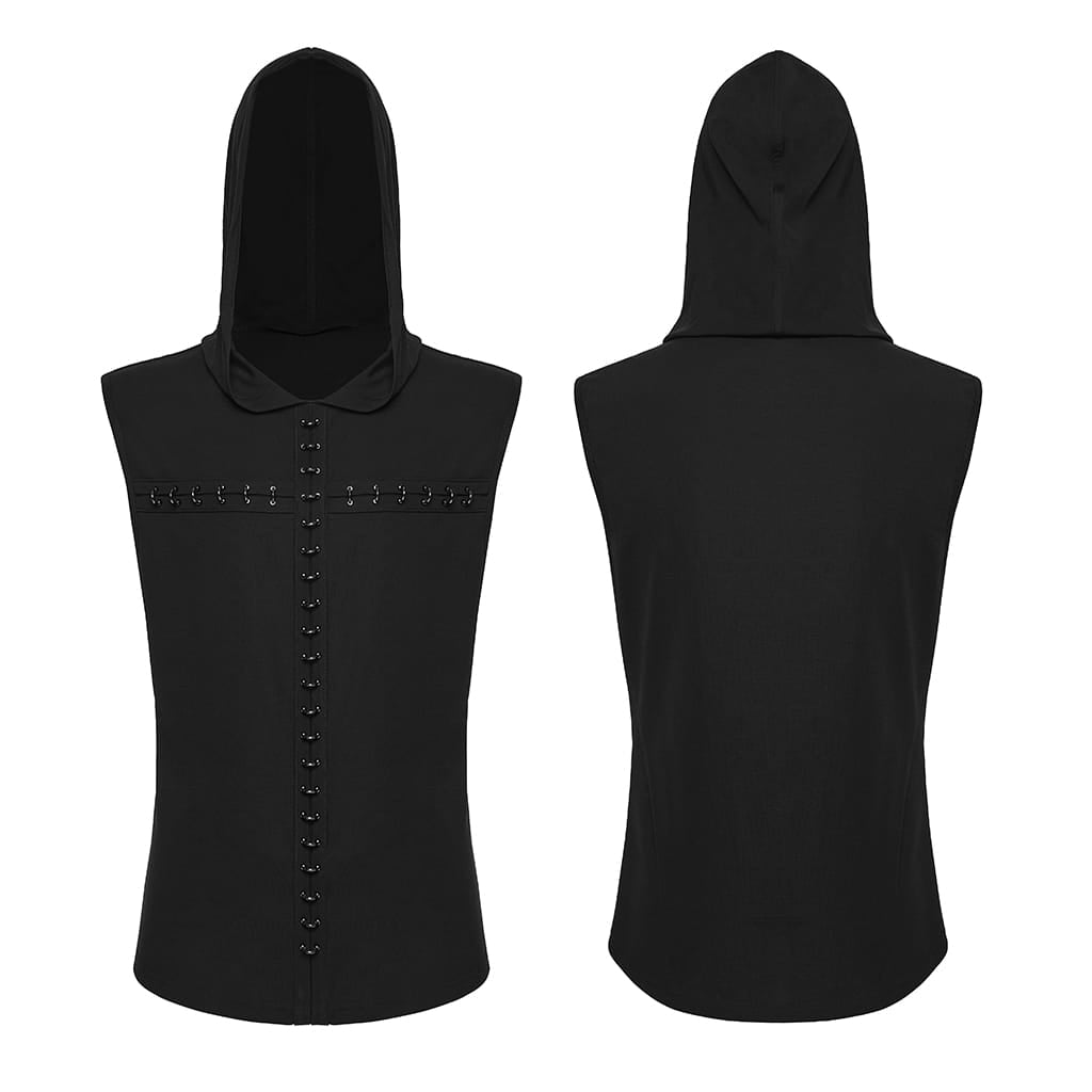 PUNK RAVE Men's Gothic D-rings Cross Hooded Tank Top