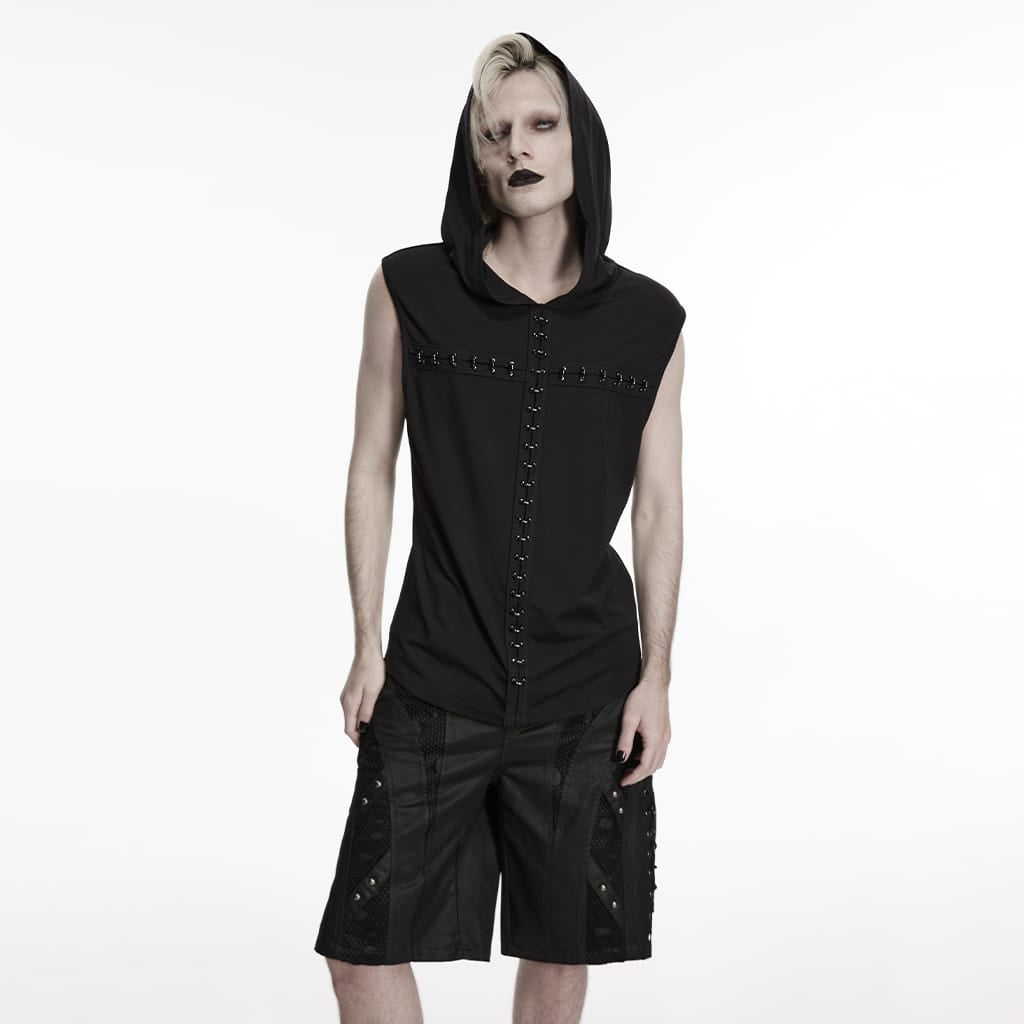 PUNK RAVE Men's Gothic D-rings Cross Hooded Tank Top