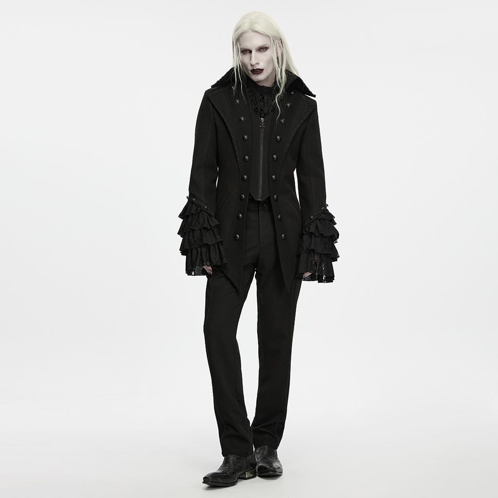PUNK RAVE Men's Gothic Embossed Button Decor Lapel Ruffled Cuff Jacket
