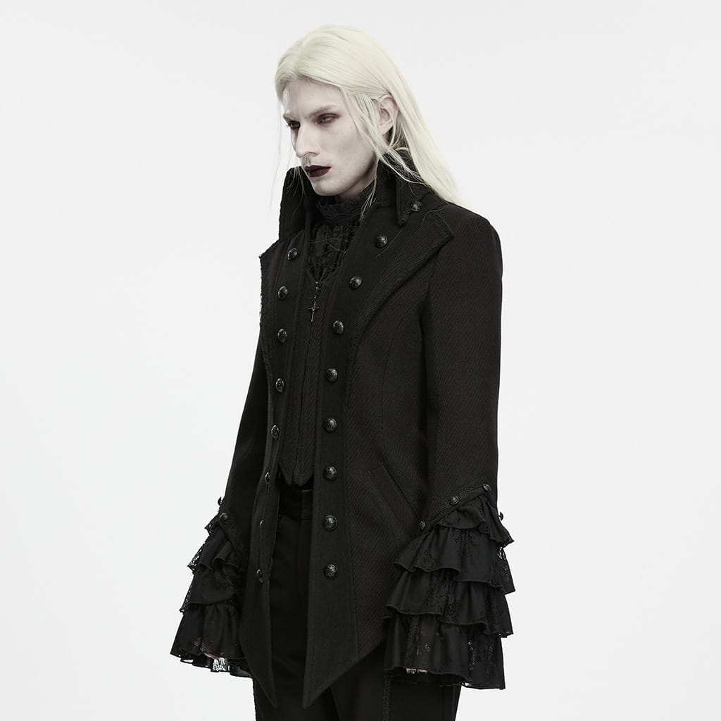 PUNK RAVE Men's Gothic Embossed Button Decor Lapel Ruffled Cuff Jacket