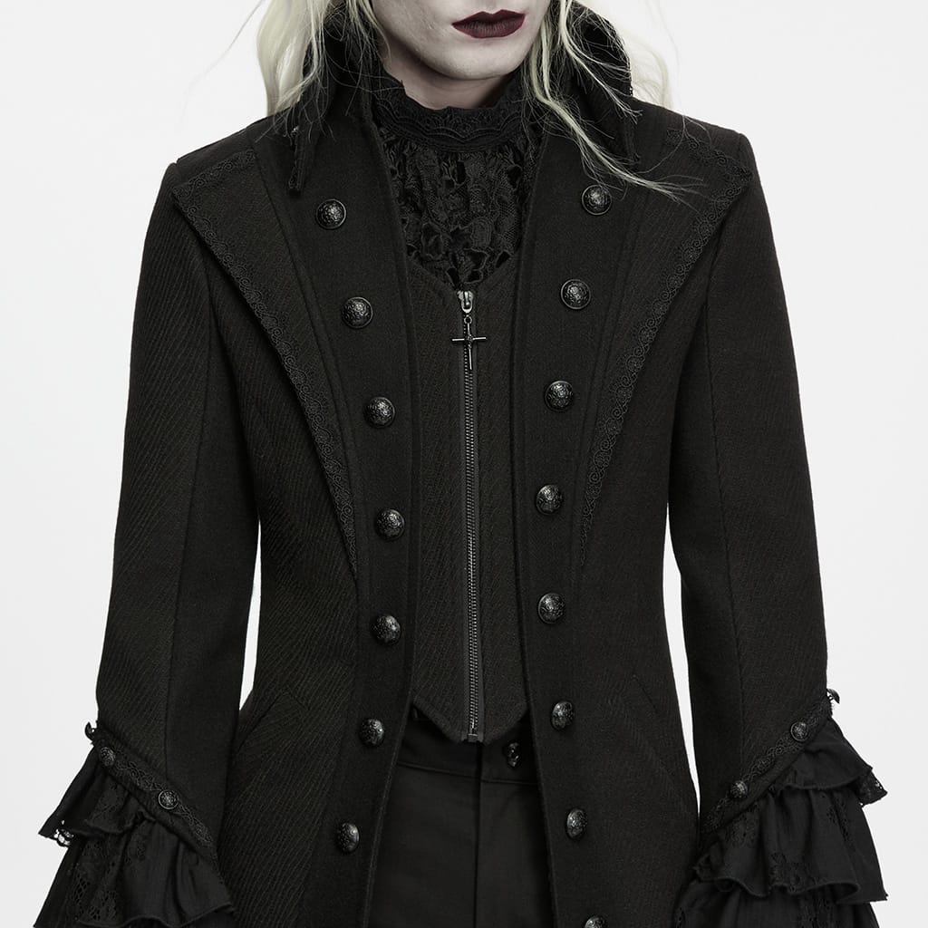 PUNK RAVE Men's Gothic Embossed Button Decor Lapel Ruffled Cuff Jacket