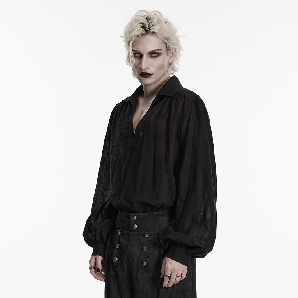 PUNK RAVE Men's Gothic Embroidered Plunging Loose Shirt Black