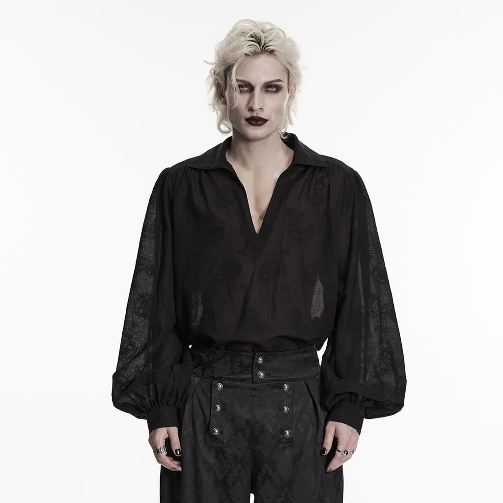 PUNK RAVE Men's Gothic Embroidered Plunging Loose Shirt Black