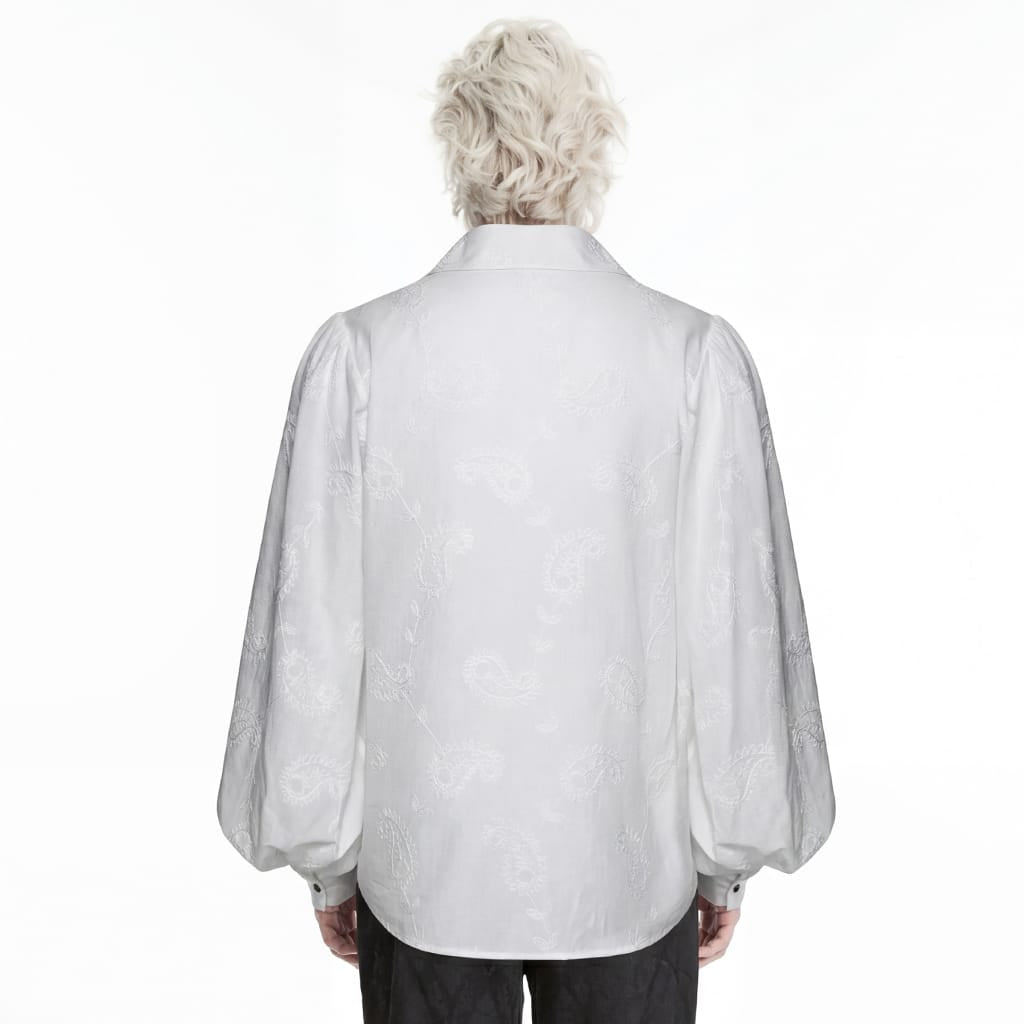 PUNK RAVE Men's Gothic Embroidered Plunging Loose Shirt White