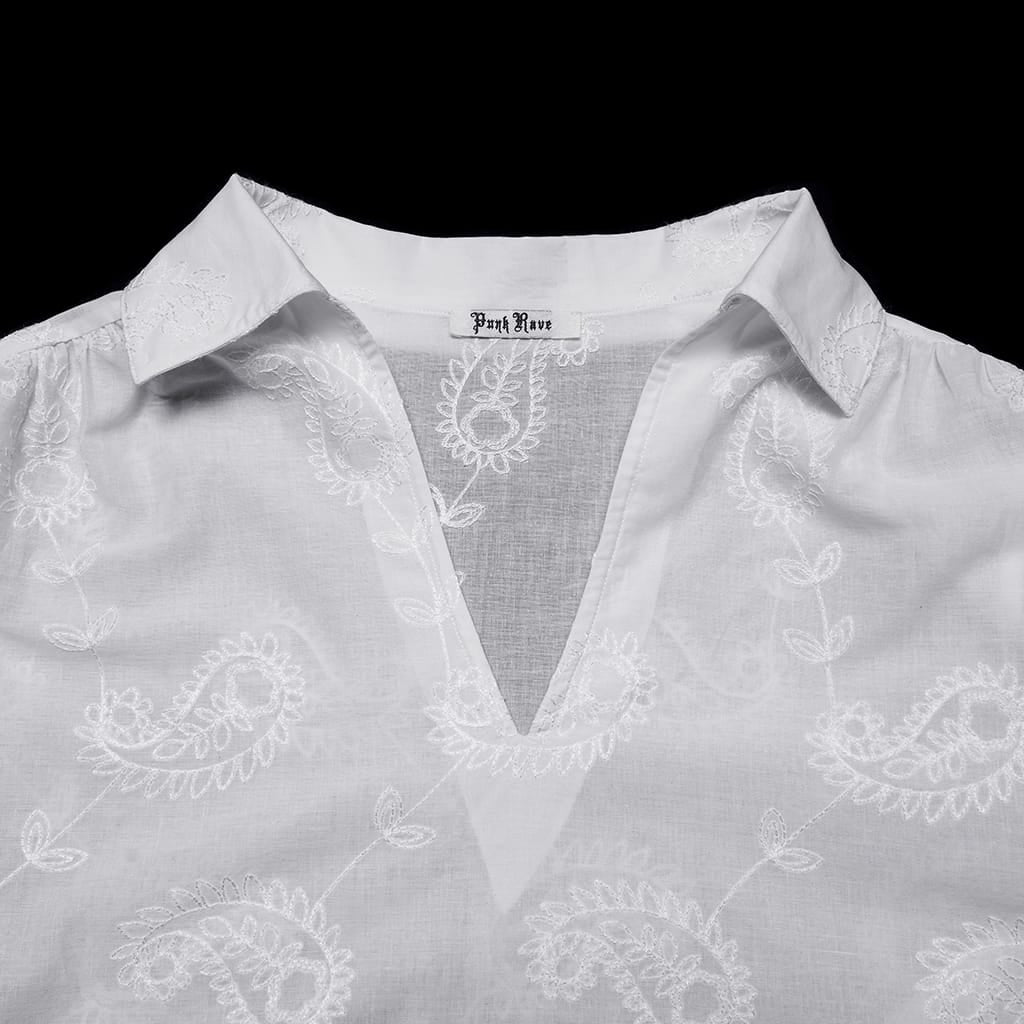 PUNK RAVE Men's Gothic Embroidered Plunging Loose Shirt White