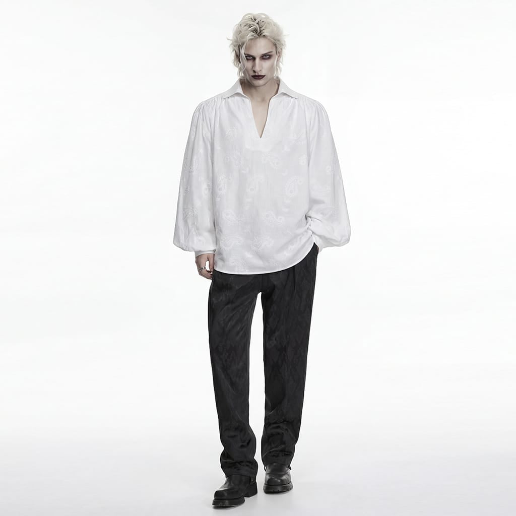PUNK RAVE Men's Gothic Embroidered Plunging Loose Shirt White
