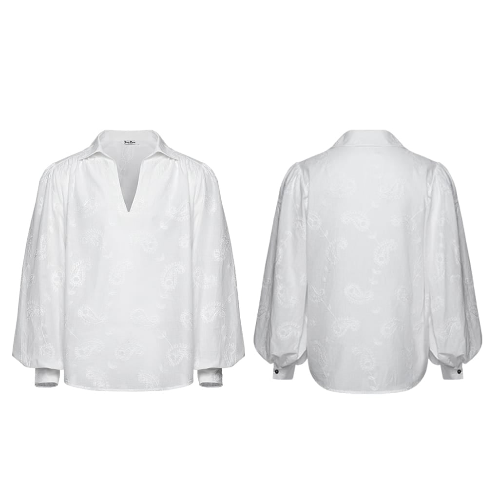 PUNK RAVE Men's Gothic Embroidered Plunging Loose Shirt White