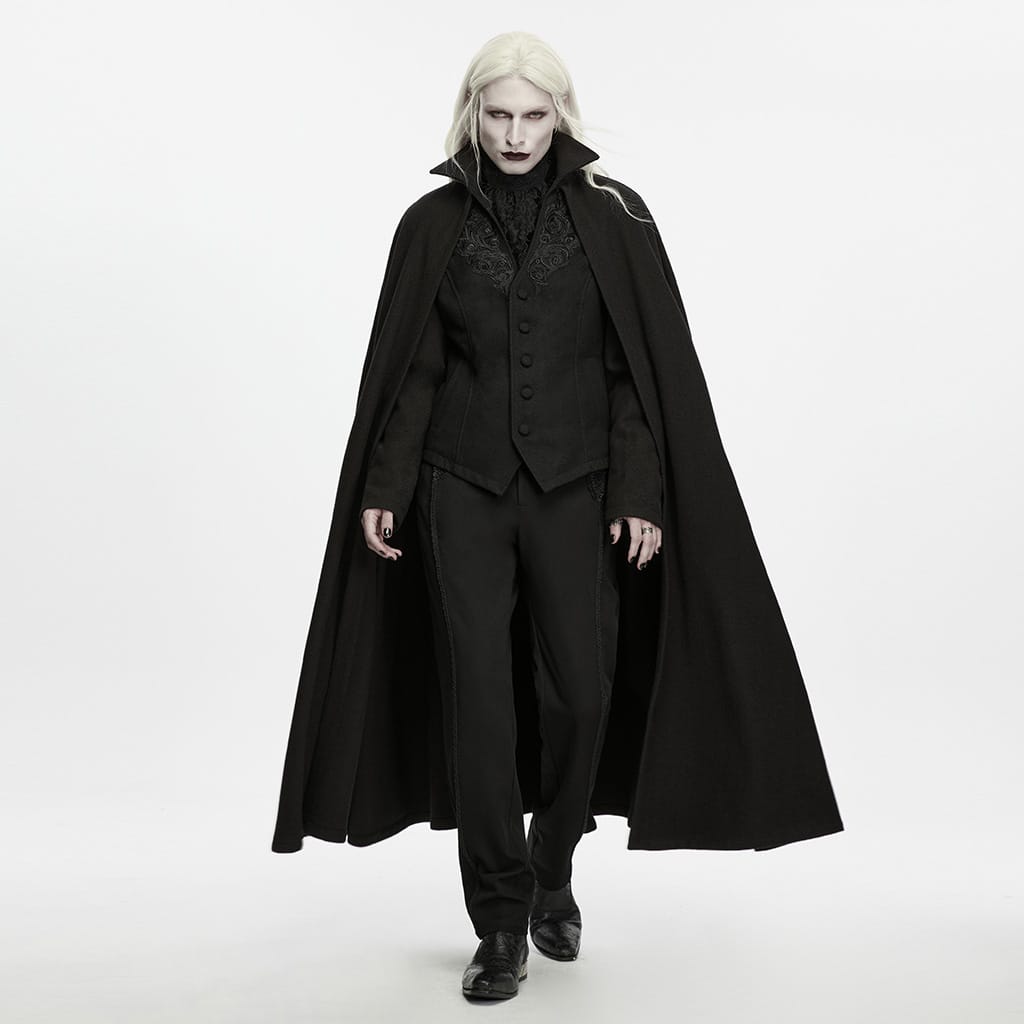 PUNK RAVE Men's Gothic Embroidered Single-breasted Stand Collar Cloak