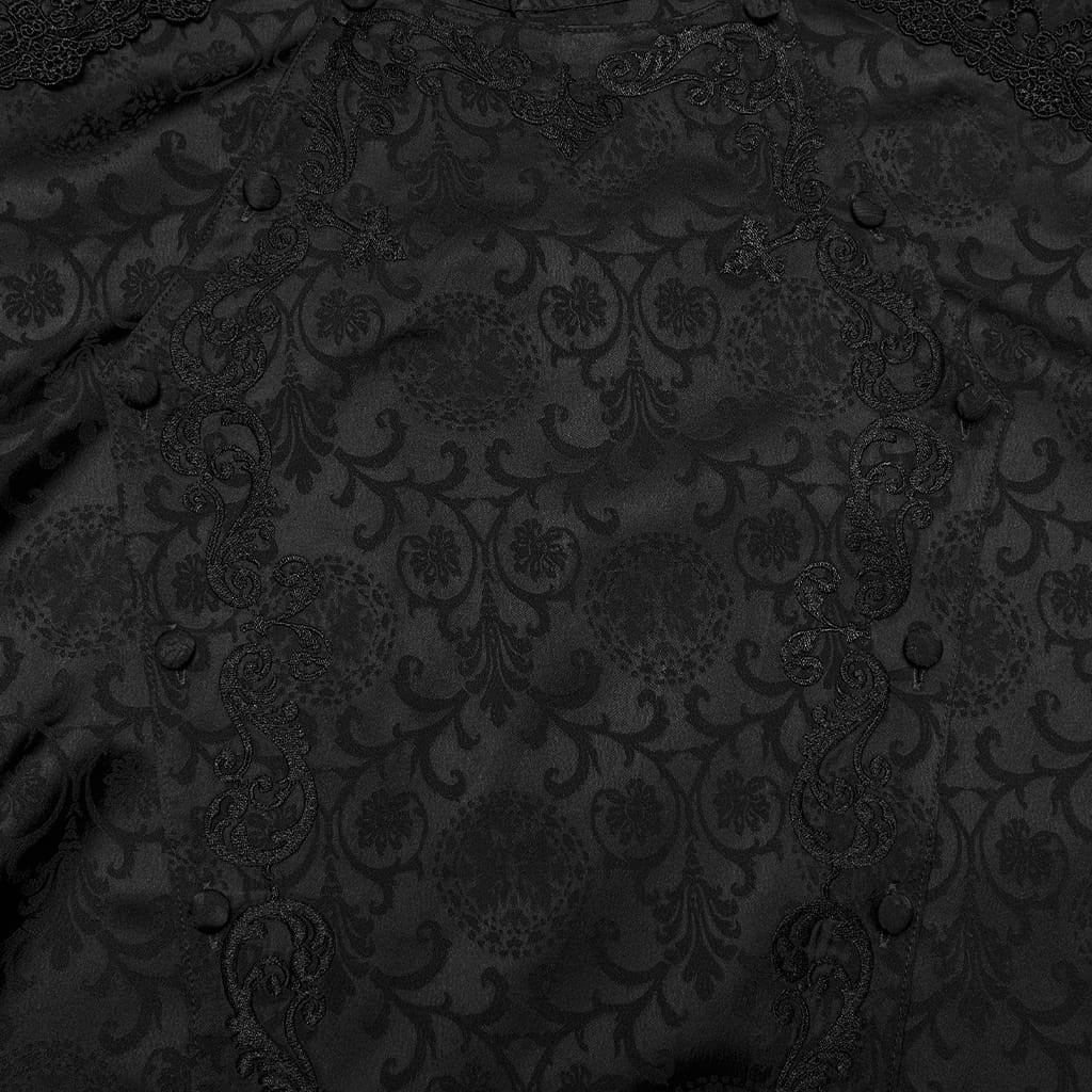 PUNK RAVE Men's Gothic Embroidered Stand Collar Shirt with Detachable Tie Black