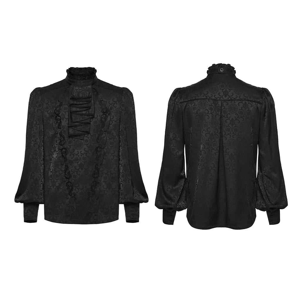 PUNK RAVE Men's Gothic Embroidered Stand Collar Shirt with Detachable Tie Black