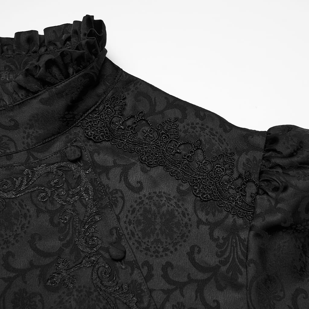 PUNK RAVE Men's Gothic Embroidered Stand Collar Shirt with Detachable Tie Black