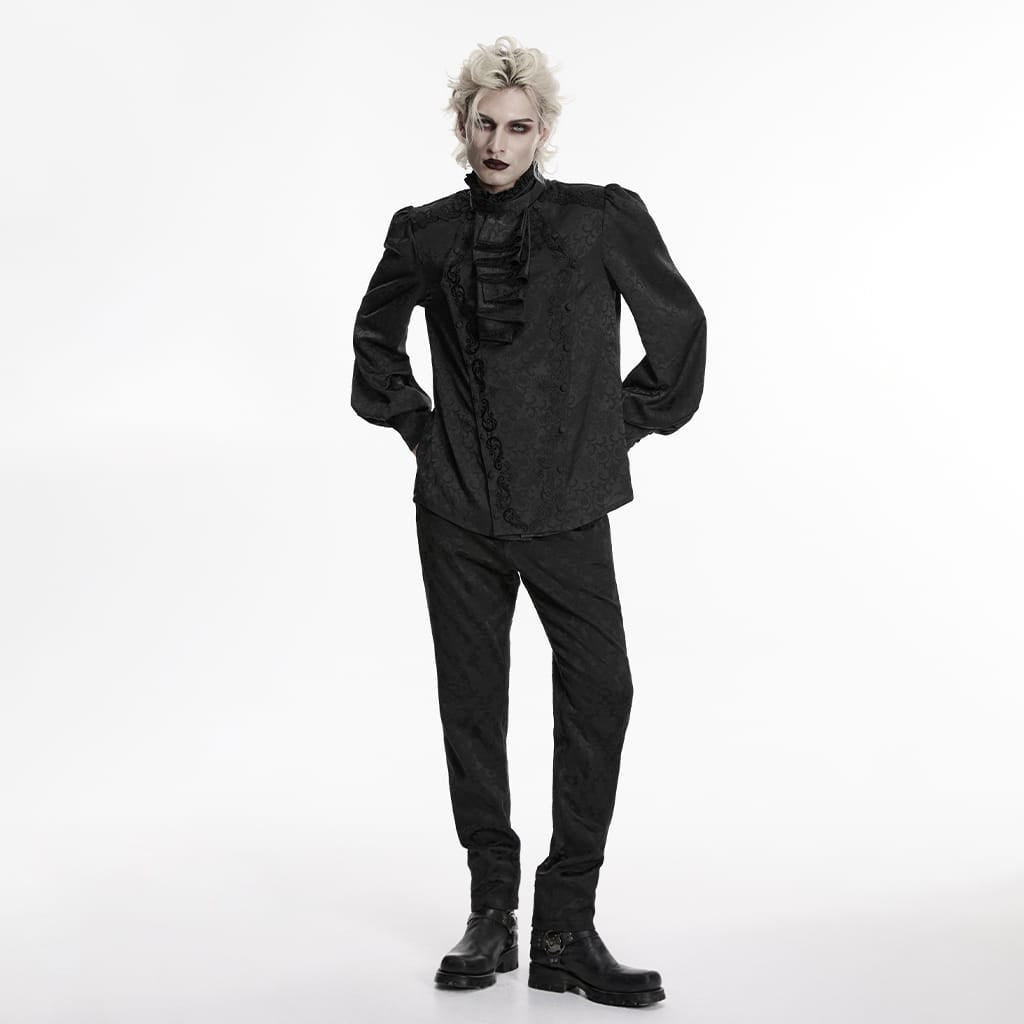 PUNK RAVE Men's Gothic Embroidered Stand Collar Shirt with Detachable Tie Black