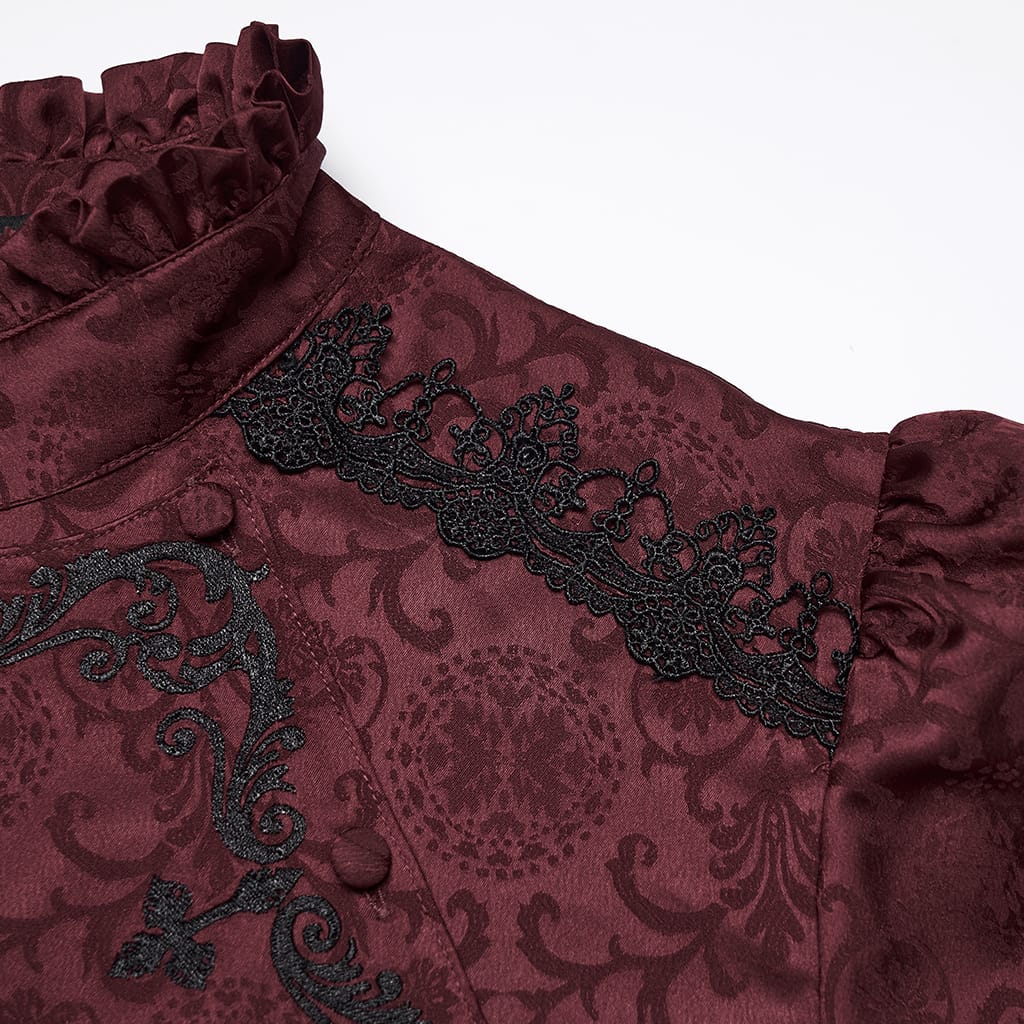PUNK RAVE Men's Gothic Embroidered Stand Collar Shirt with Detachable Tie Red