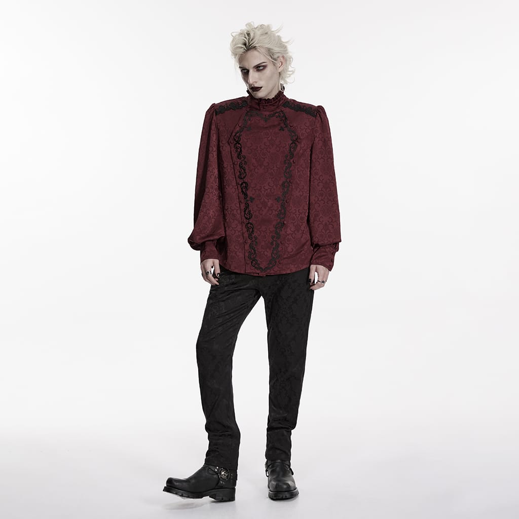 PUNK RAVE Men's Gothic Embroidered Stand Collar Shirt with Detachable Tie Red