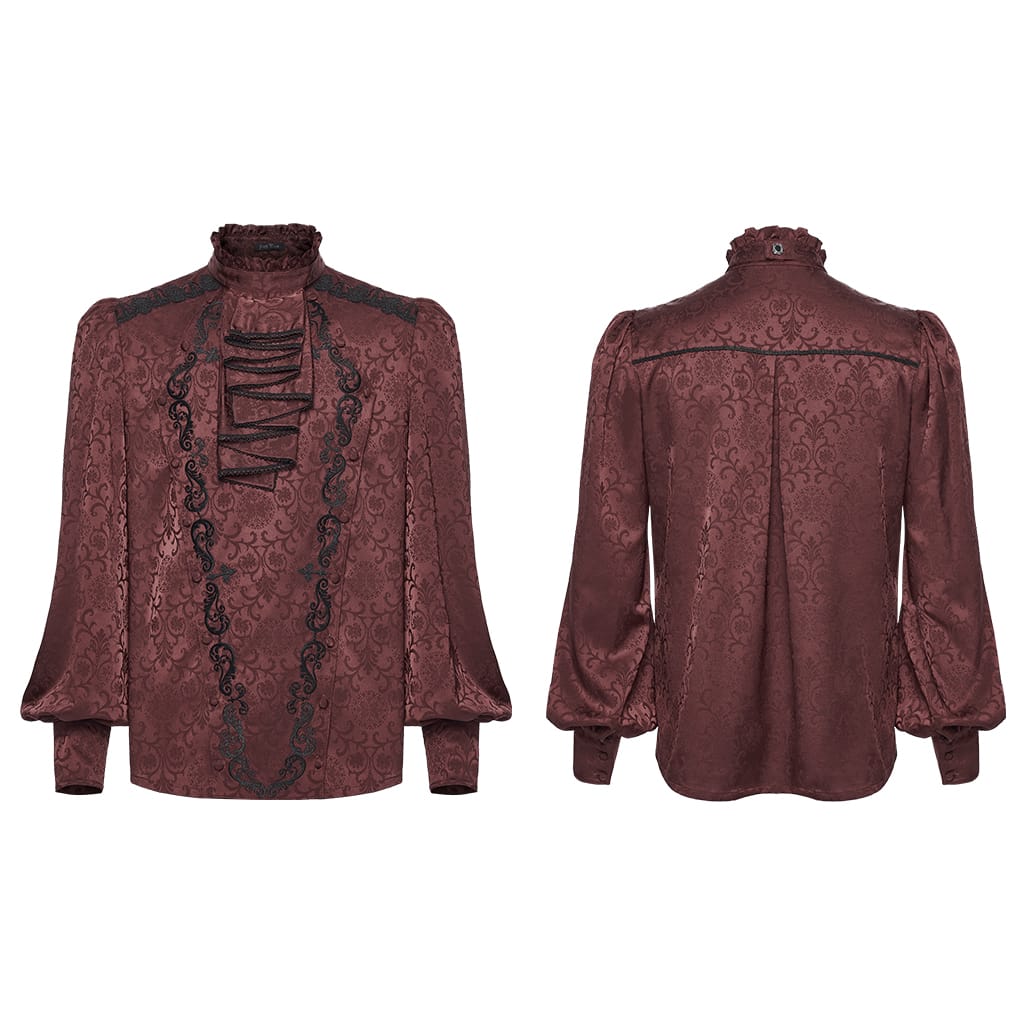 PUNK RAVE Men's Gothic Embroidered Stand Collar Shirt with Detachable Tie Red