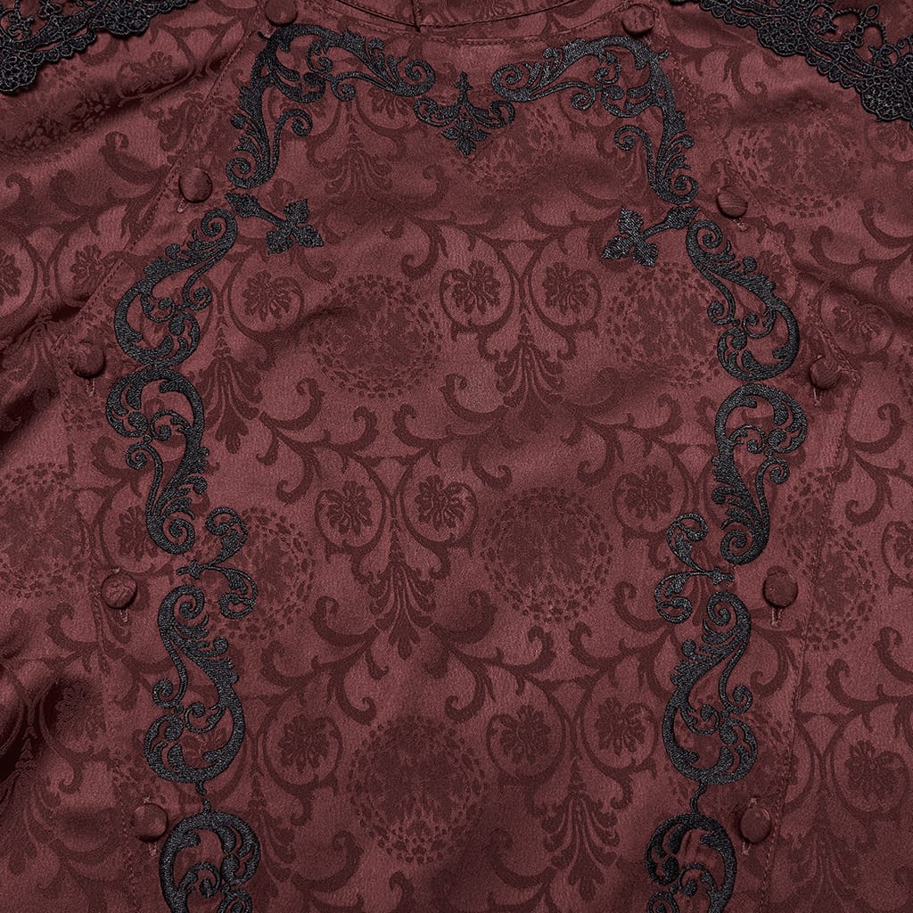 PUNK RAVE Men's Gothic Embroidered Stand Collar Shirt with Detachable Tie Red