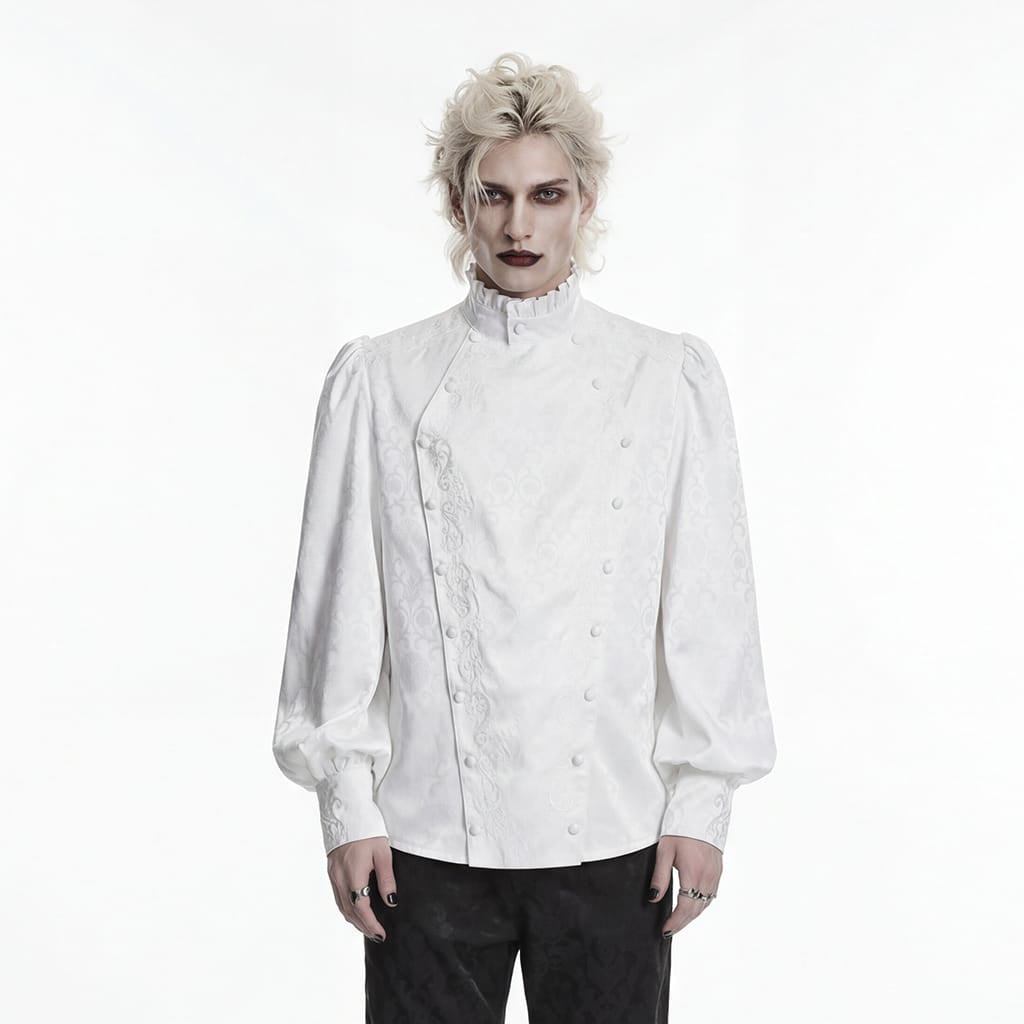 PUNK RAVE Men's Gothic Embroidered Stand Collar Shirt with Detachable Tie White