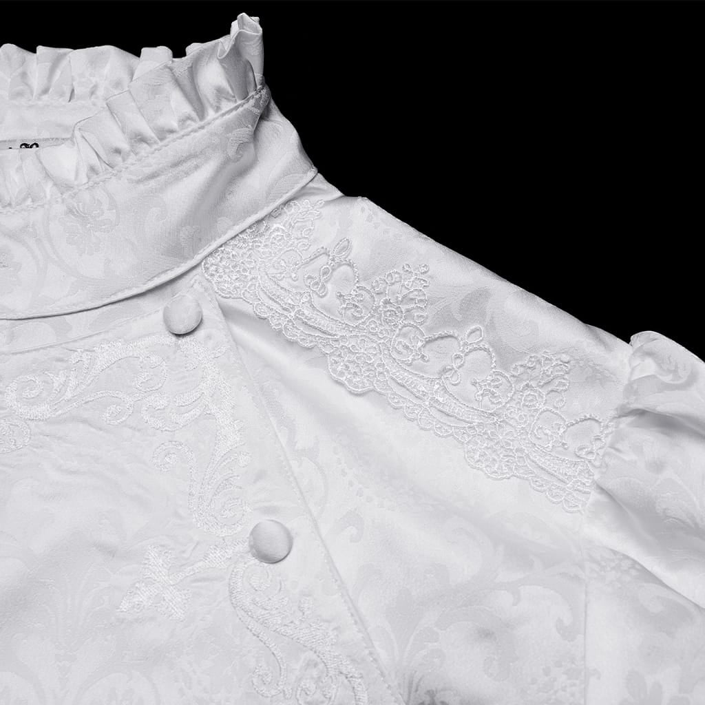 PUNK RAVE Men's Gothic Embroidered Stand Collar Shirt with Detachable Tie White