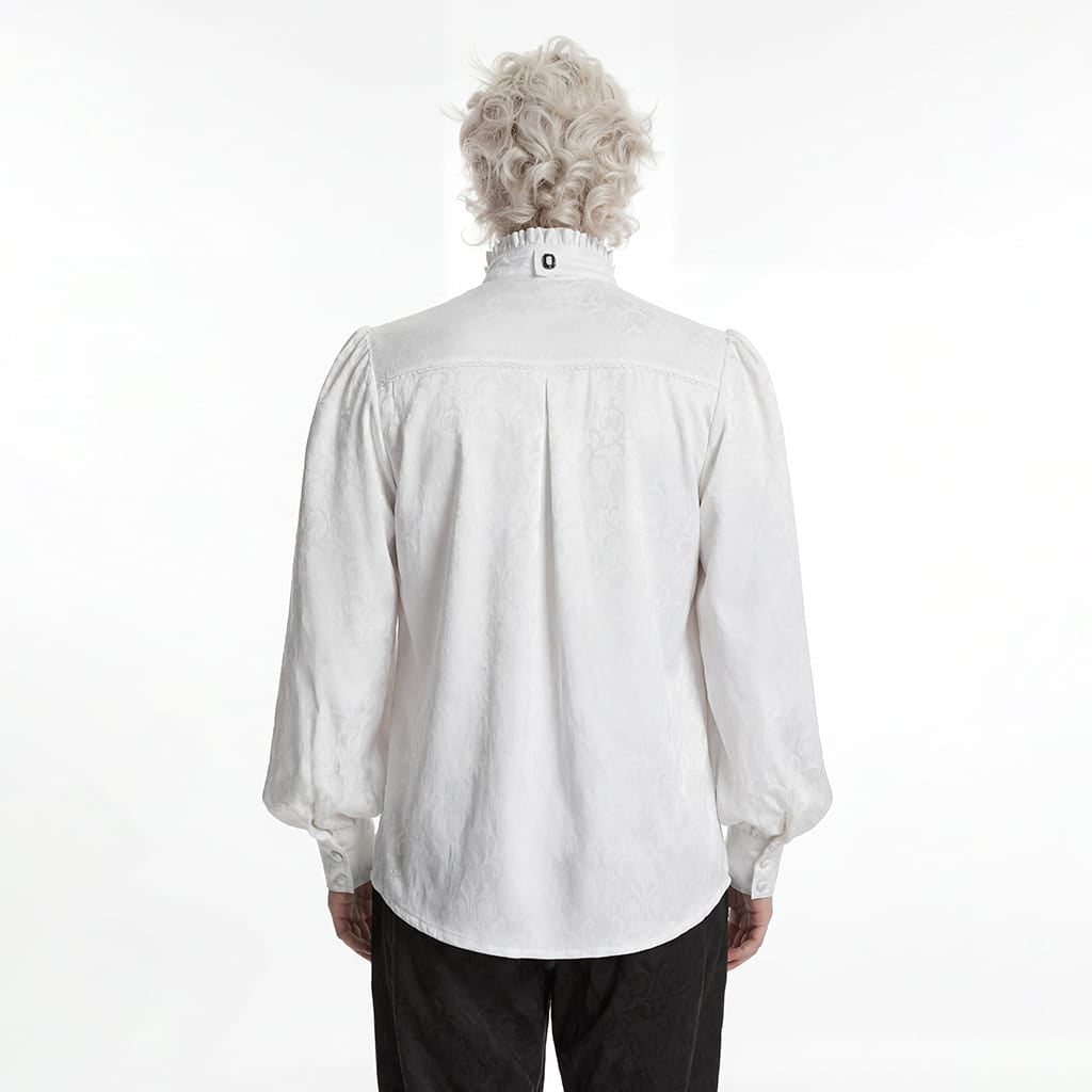 PUNK RAVE Men's Gothic Embroidered Stand Collar Shirt with Detachable Tie White