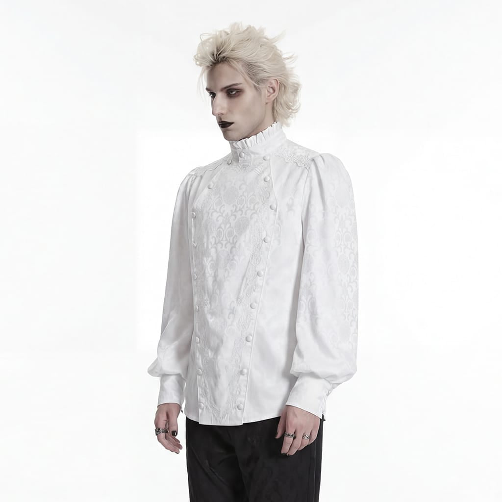 PUNK RAVE Men's Gothic Embroidered Stand Collar Shirt with Detachable Tie White