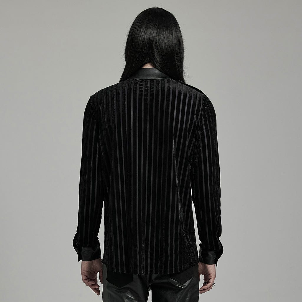 PUNK RAVE Men's Gothic Faux Leather Splice Striped Velvet Shirt