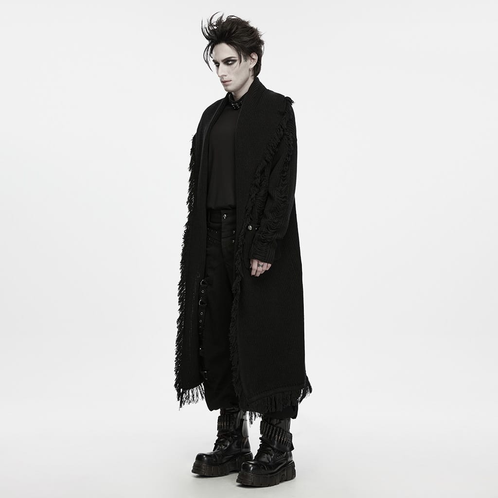 PUNK RAVE Men's Gothic Floral Embossed Button Big Pocket Lapel Fringe Cardigan
