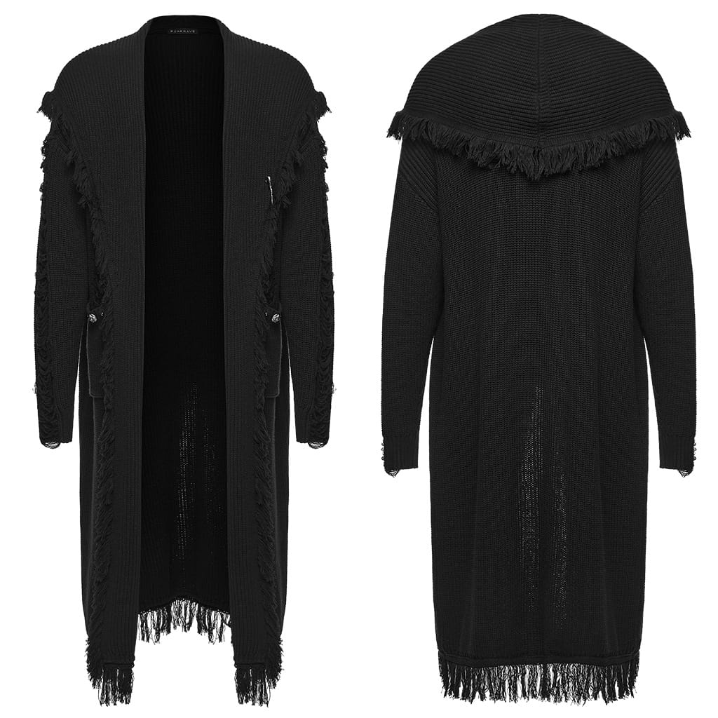 PUNK RAVE Men's Gothic Floral Embossed Button Big Pocket Lapel Fringe Cardigan