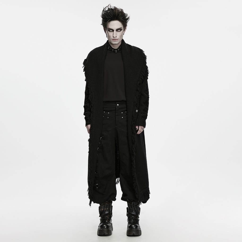 PUNK RAVE Men's Gothic Floral Embossed Button Big Pocket Lapel Fringe Cardigan