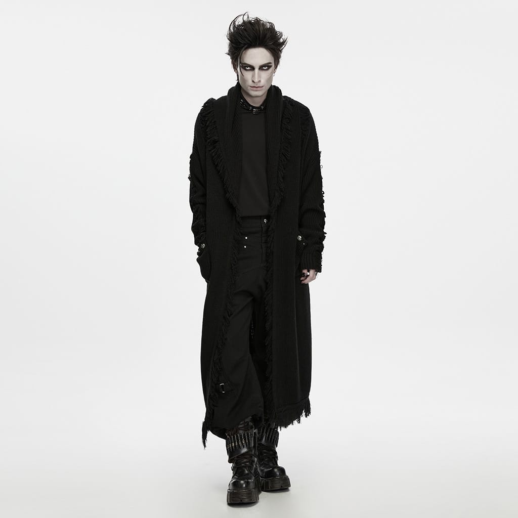 PUNK RAVE Men's Gothic Floral Embossed Button Big Pocket Lapel Fringe Cardigan
