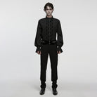 PUNK RAVE Men's Gothic Floral Embroidered Pleated Ruffled Stand Collar Shirt Black