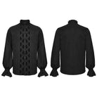 PUNK RAVE Men's Gothic Floral Embroidered Pleated Ruffled Stand Collar Shirt Black